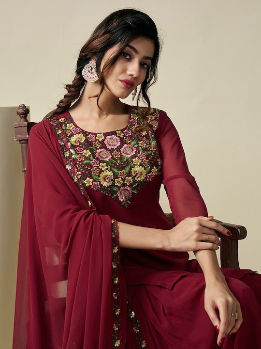 Floral Embroidered Regular Thread Work Georgette Kurta with Sharara & With Dupatta - Inddus.com