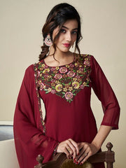 Floral Embroidered Regular Thread Work Georgette Kurta with Sharara & With Dupatta - Inddus.com