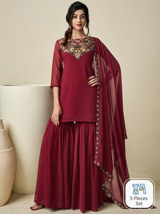 Floral Embroidered Regular Thread Work Georgette Kurta with Sharara & With Dupatta - Inddus.com