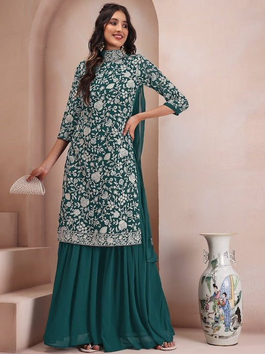 Floral Embroidered Regular Thread Work Kurta with Sharara & Dupatta - Inddus.com