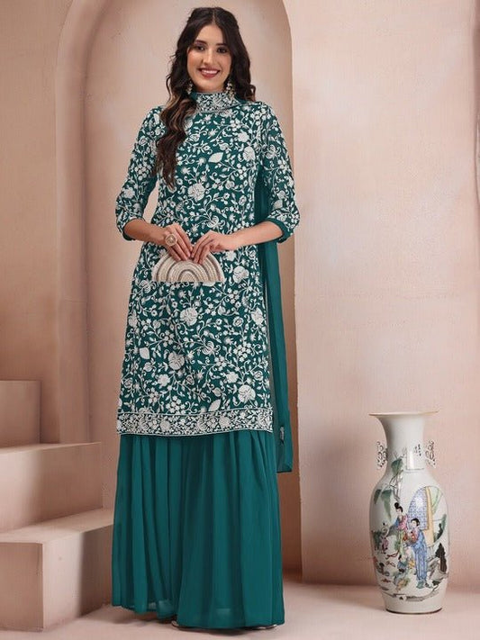 Floral Embroidered Regular Thread Work Kurta with Sharara & Dupatta - Inddus.com