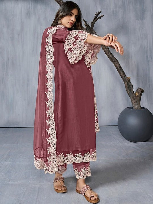 Floral Embroidered Regular Thread Work Kurta With Trousers & Dupatta - Inddus.com