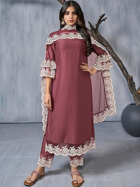 Floral Embroidered Regular Thread Work Kurta With Trousers & Dupatta - Inddus.com