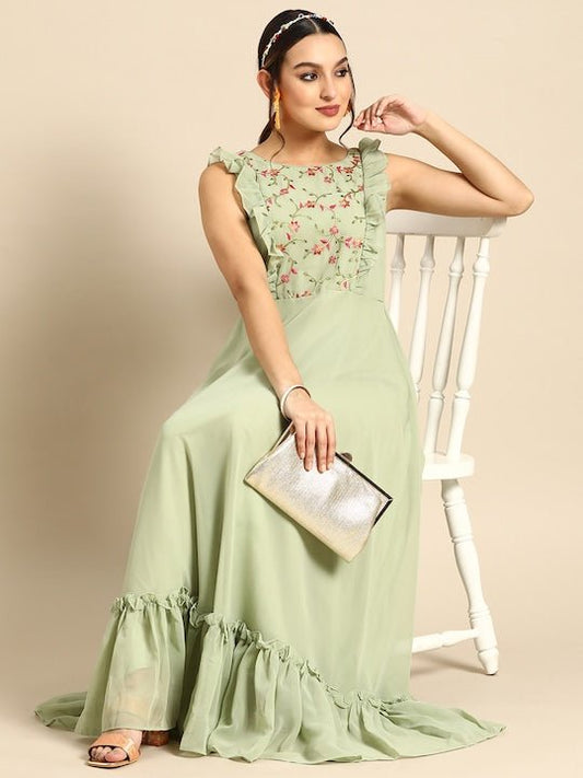 Floral Embroidered Ruffled Georgette Maxi Dress - Inddus.com