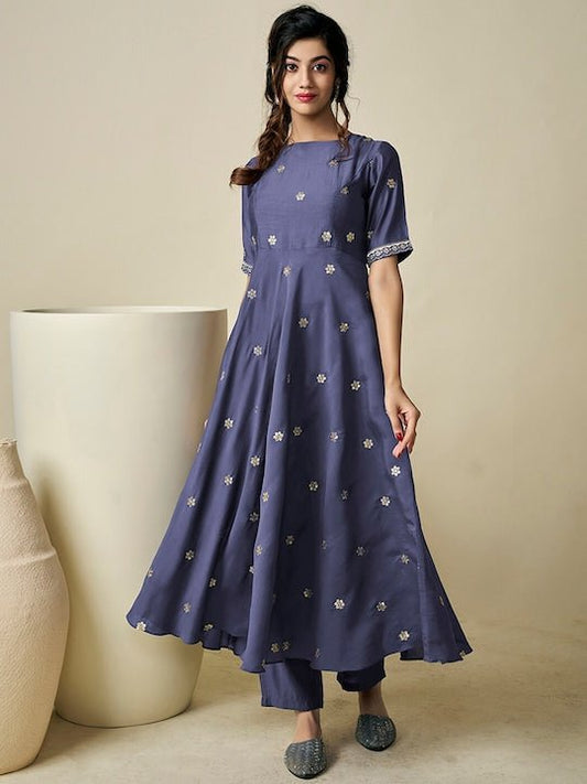 Floral Embroidered Sequinned Chanderi Cotton A-Line Kurta with Trousers - Inddus.com