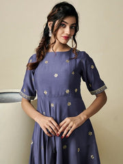 Floral Embroidered Sequinned Chanderi Cotton A-Line Kurta with Trousers - Inddus.com