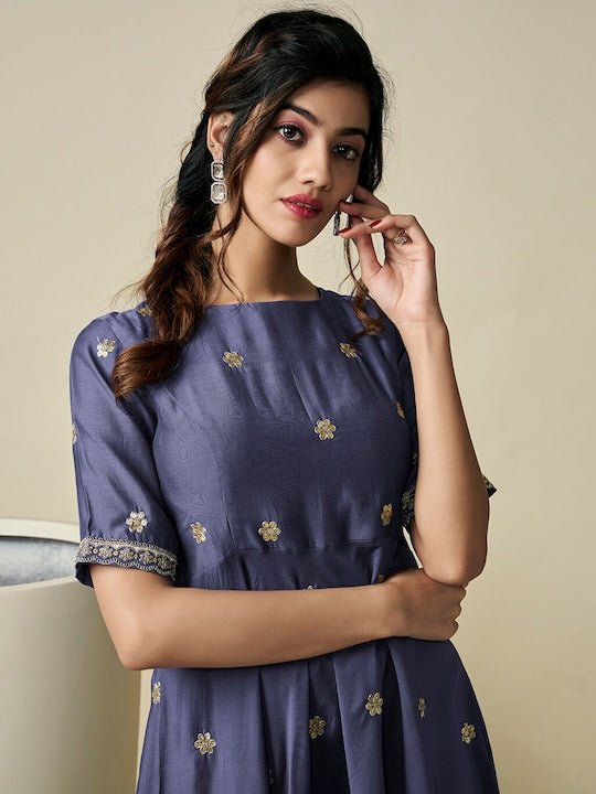 Floral Embroidered Sequinned Chanderi Cotton A-Line Kurta with Trousers - Inddus.com