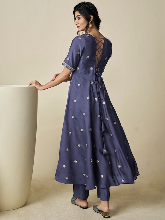 Floral Embroidered Sequinned Chanderi Cotton A-Line Kurta with Trousers - Inddus.com