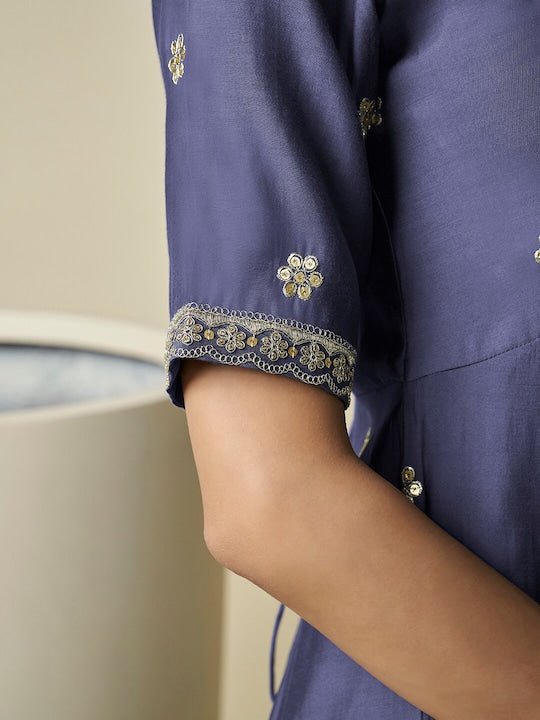 Floral Embroidered Sequinned Chanderi Cotton A-Line Kurta with Trousers - Inddus.com