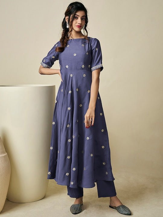 Floral Embroidered Sequinned Chanderi Cotton A-Line Kurta with Trousers - Inddus.com