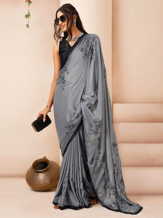 Floral Embroidered Sequinned Organza Saree