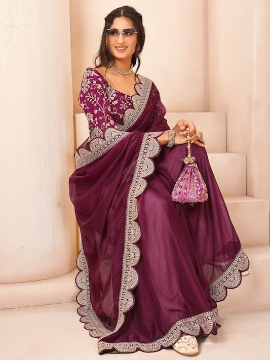 Floral Embroidered Sequinned Organza Saree