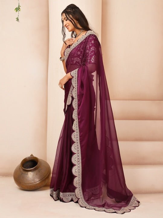 Floral Embroidered Sequinned Organza Saree