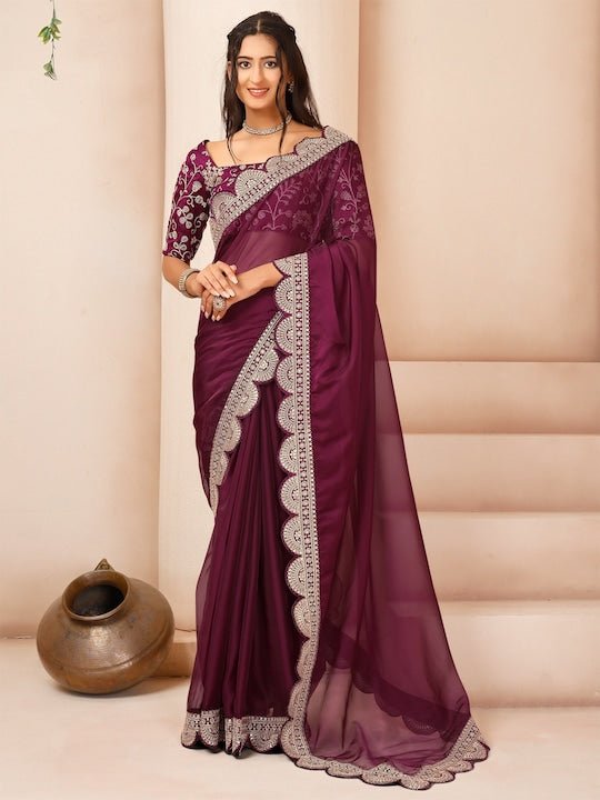 Floral Embroidered Sequinned Organza Saree