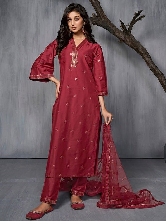 Floral Embroidered Sequinned Pure Silk Kurta with Trousers & Dupatta - Inddus.com