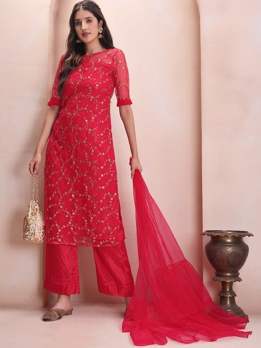 Floral Embroidered Sequinned Regular Kurta with Palazzos & Dupatta - Inddus.com