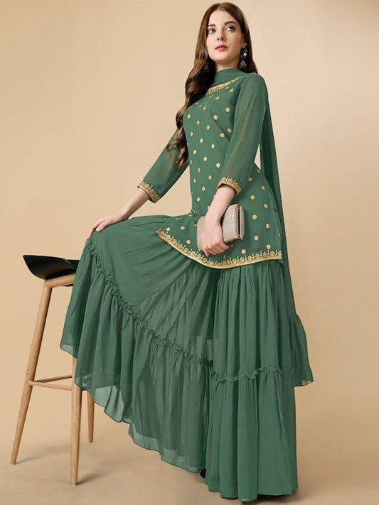 Floral Embroidered Sequinned Regular Kurta with Sharara & Dupatta - Inddus.com