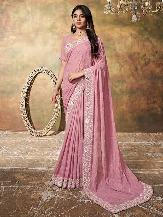 Floral Embroidered Sequinned Saree - Inddus.com