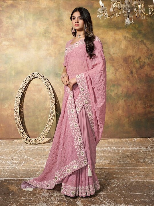 Floral Embroidered Sequinned Saree - Inddus.com