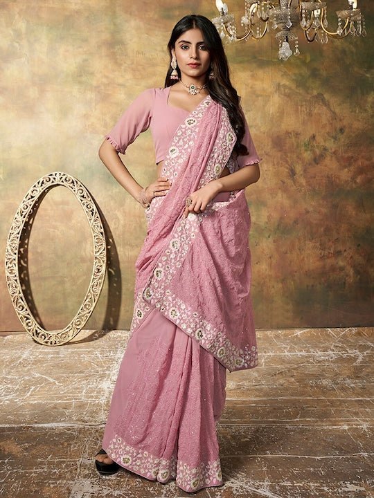 Floral Embroidered Sequinned Saree - Inddus.com