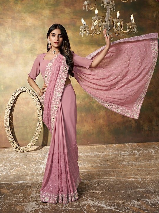 Floral Embroidered Sequinned Saree - Inddus.com