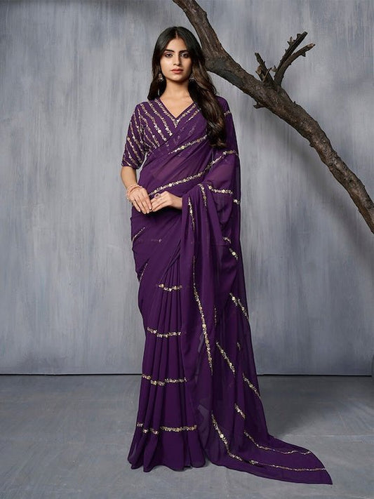 Floral Embroidered Sequinned Saree