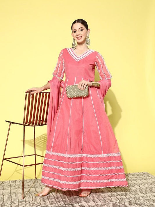 Floral Embroidered Thread Work Anarkali Kurta - Inddus.com