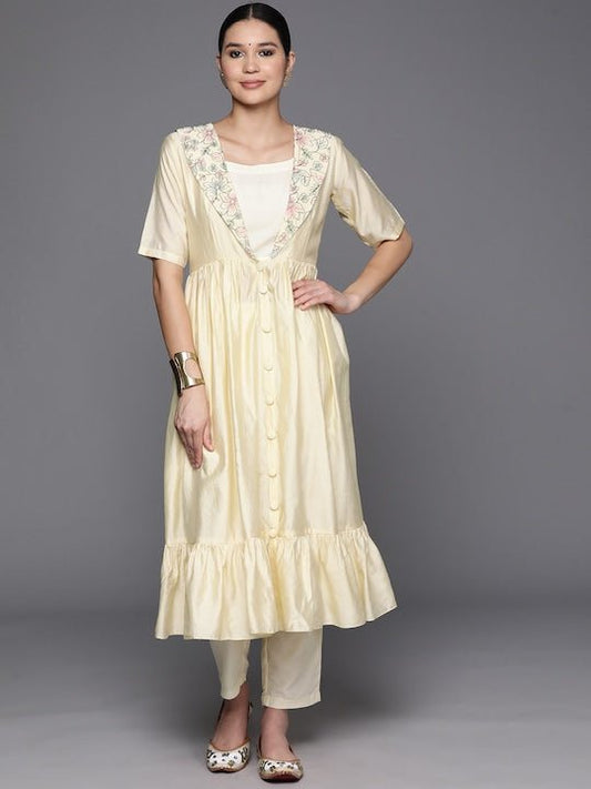 Floral Embroidered Thread Work Chanderi Cotton Kurta with Trousers & Inner - Inddus.com