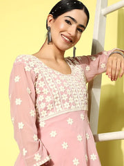 Floral Embroidered Thread Work Georgette Kurta with Inner - Inddus.com