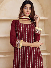 Floral Embroidered Thread Work Kurta With Palazzos & Dupatta - Inddus.com