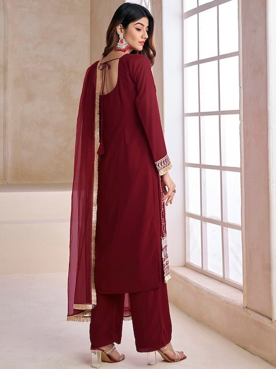 Floral Embroidered Thread Work Kurta With Palazzos & Dupatta - Inddus.com