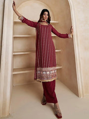 Floral Embroidered Thread Work Kurta With Palazzos & Dupatta - Inddus.com