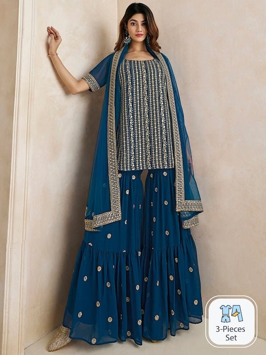 Floral Embroidered Thread Work Kurta With Sharara & Dupatta - Inddus.com