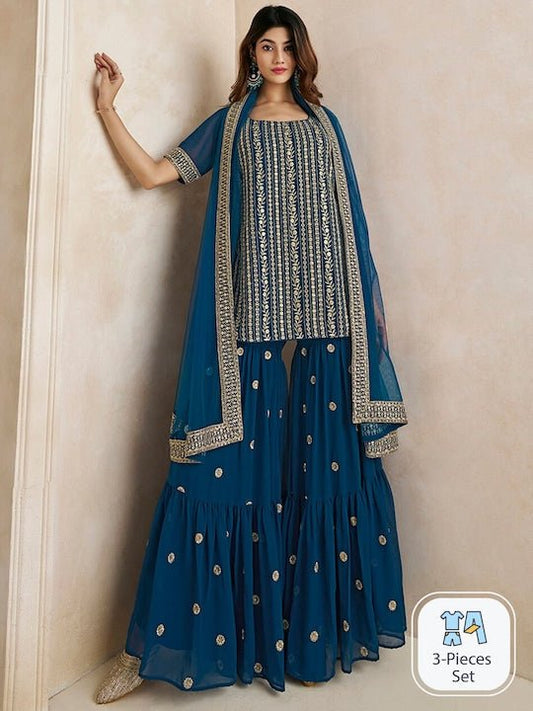 Floral Embroidered Thread Work Kurta With Sharara & Dupatta - Inddus.com