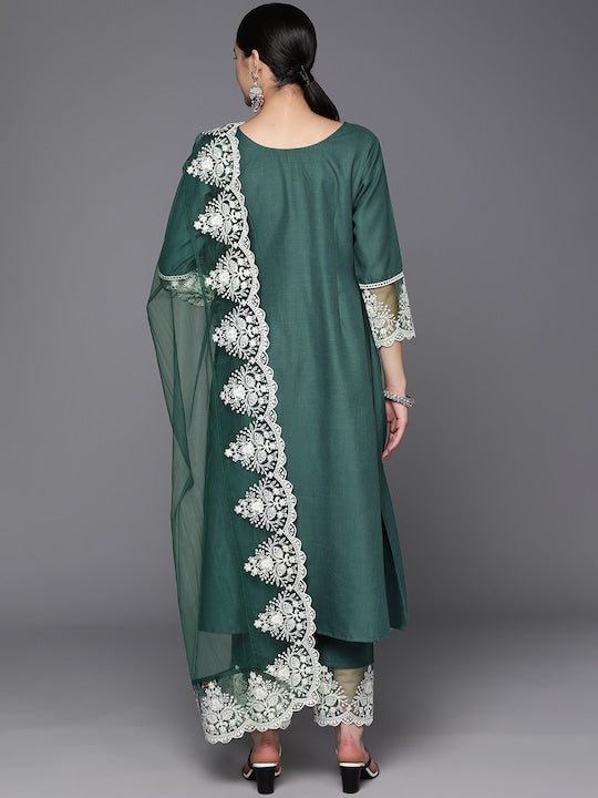 Floral Embroidered Thread Work Kurta with Trousers & With Dupatta - Inddus.com