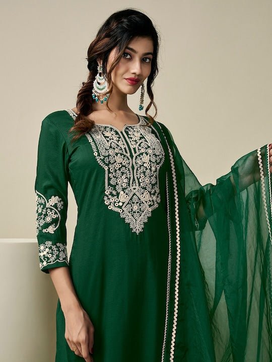 Floral Embroidered Thread Work Kurta with Trousers & With Dupatta - Inddus.com