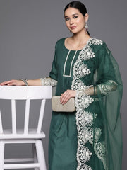 Floral Embroidered Thread Work Kurta with Trousers & With Dupatta - Inddus.com