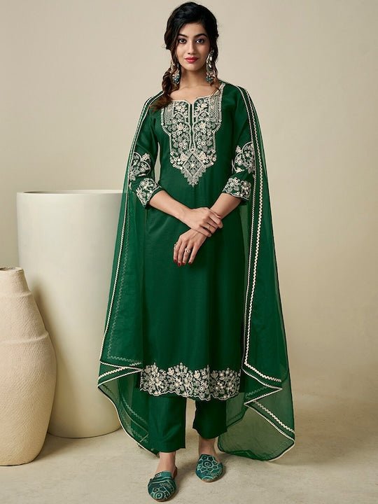 Floral Embroidered Thread Work Kurta with Trousers & With Dupatta - Inddus.com