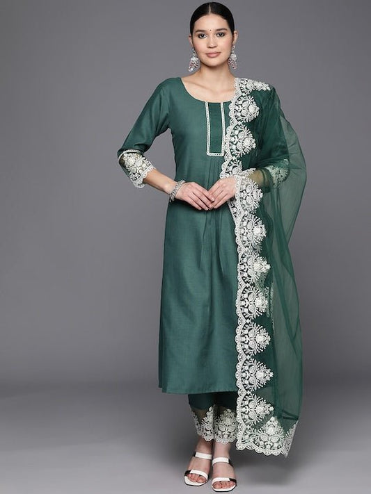 Floral Embroidered Thread Work Kurta with Trousers & With Dupatta - Inddus.com