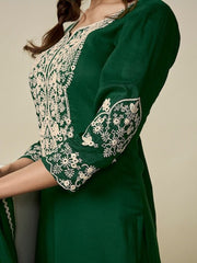 Floral Embroidered Thread Work Kurta with Trousers & With Dupatta - Inddus.com