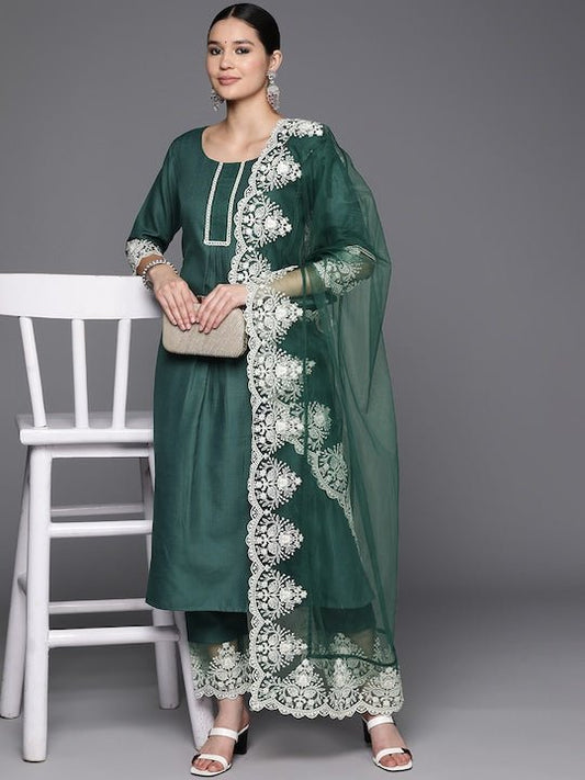 Floral Embroidered Thread Work Kurta with Trousers & With Dupatta - Inddus.com