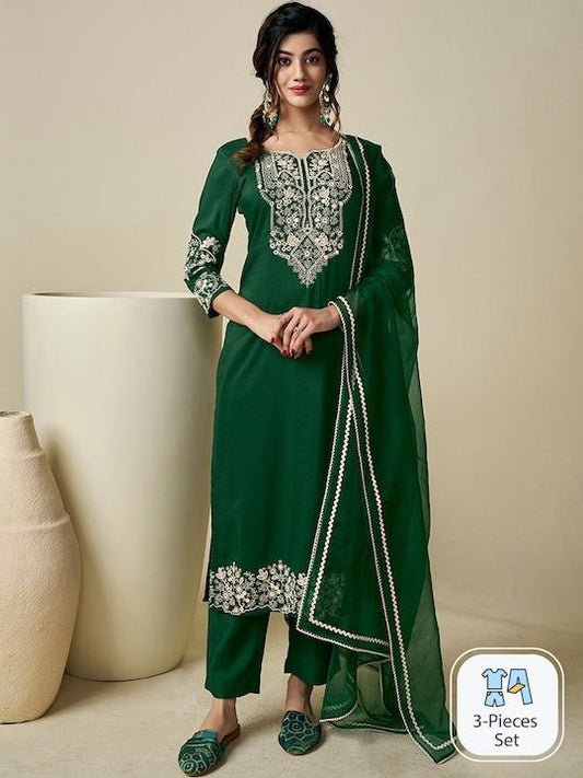 Floral Embroidered Thread Work Kurta with Trousers & With Dupatta - Inddus.com