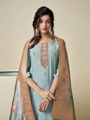 Floral Embroidered Thread Work Pure Silk Kurta with Trousers & With Dupatta - Inddus.com