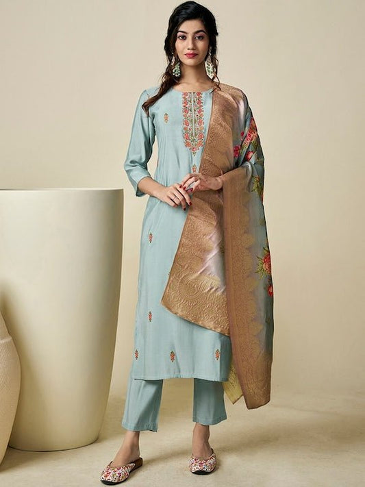 Floral Embroidered Thread Work Pure Silk Kurta with Trousers & With Dupatta - Inddus.com