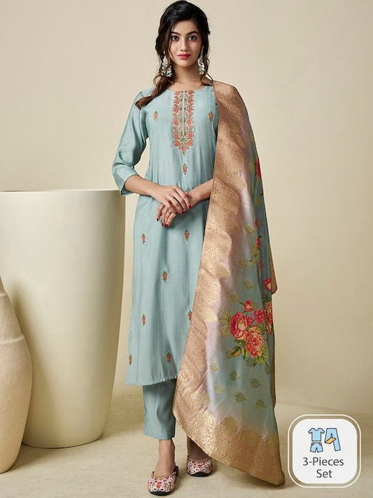 Floral Embroidered Thread Work Pure Silk Kurta with Trousers & With Dupatta - Inddus.com