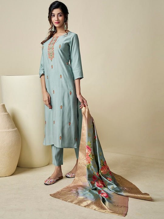 Floral Embroidered Thread Work Pure Silk Kurta with Trousers & With Dupatta - Inddus.com