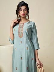 Floral Embroidered Thread Work Pure Silk Kurta with Trousers & With Dupatta - Inddus.com