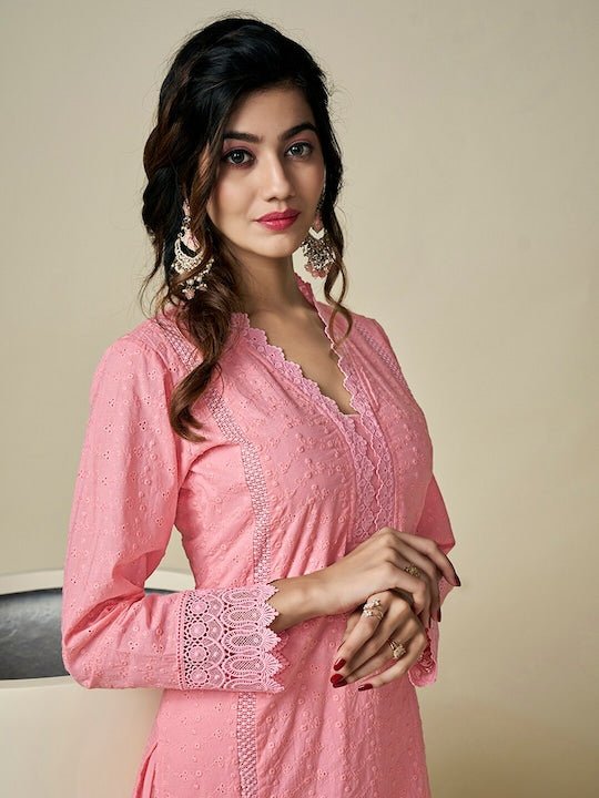 Floral Embroidered V-Neck Chikankari Pure Cotton Kurta with Palazzos - Inddus.com