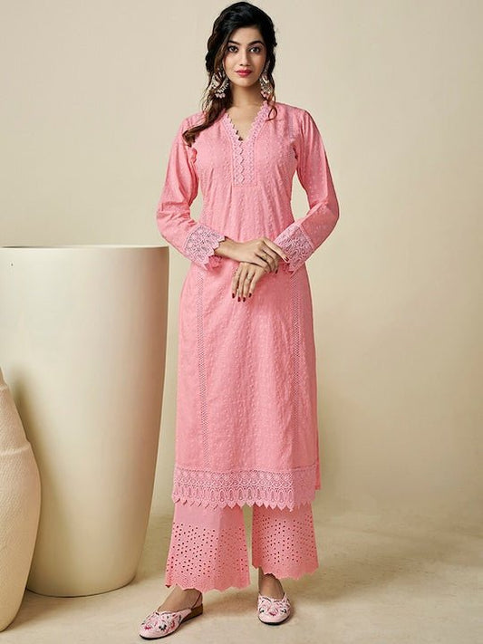 Floral Embroidered V-Neck Chikankari Pure Cotton Kurta with Palazzos - Inddus.com