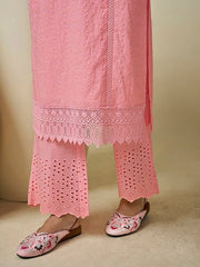 Floral Embroidered V-Neck Chikankari Pure Cotton Kurta with Palazzos - Inddus.com